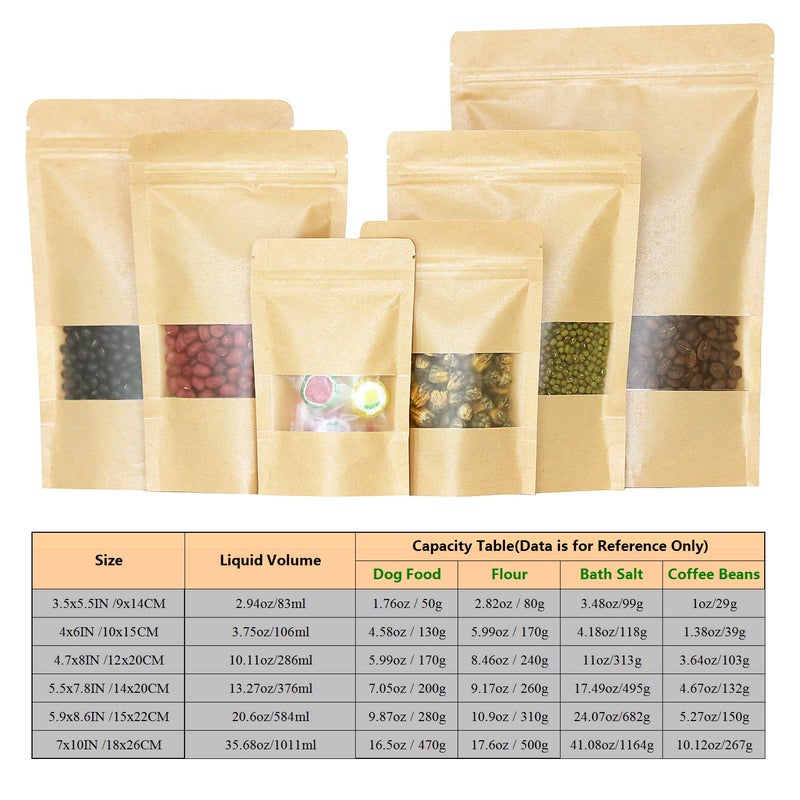 SumDirect Kraft Stand Up Pouches - 50Pcs Resealable Kraft Paper Stand Up Bags with Window, Zipper Disposable Food Storage Bags for Home or Business (50, 5.5x7.8inch) - Image 5